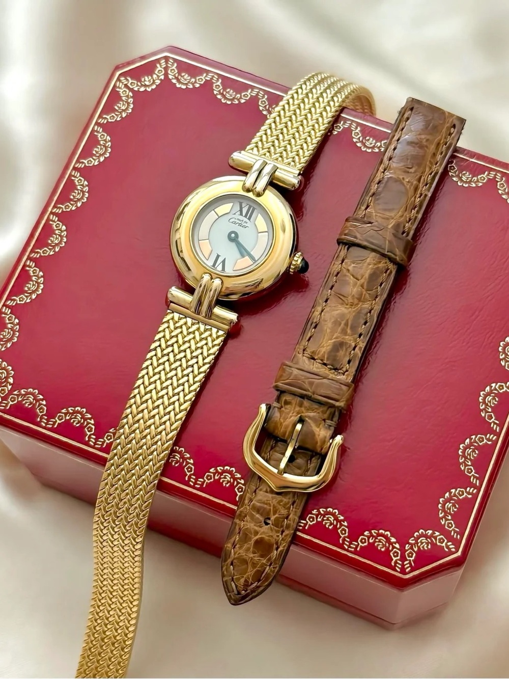 AUTHENTIC RARE VINTAGE CARTIER GOLD WATCH - WITH BOX & EXTRA LEATHER STRAP